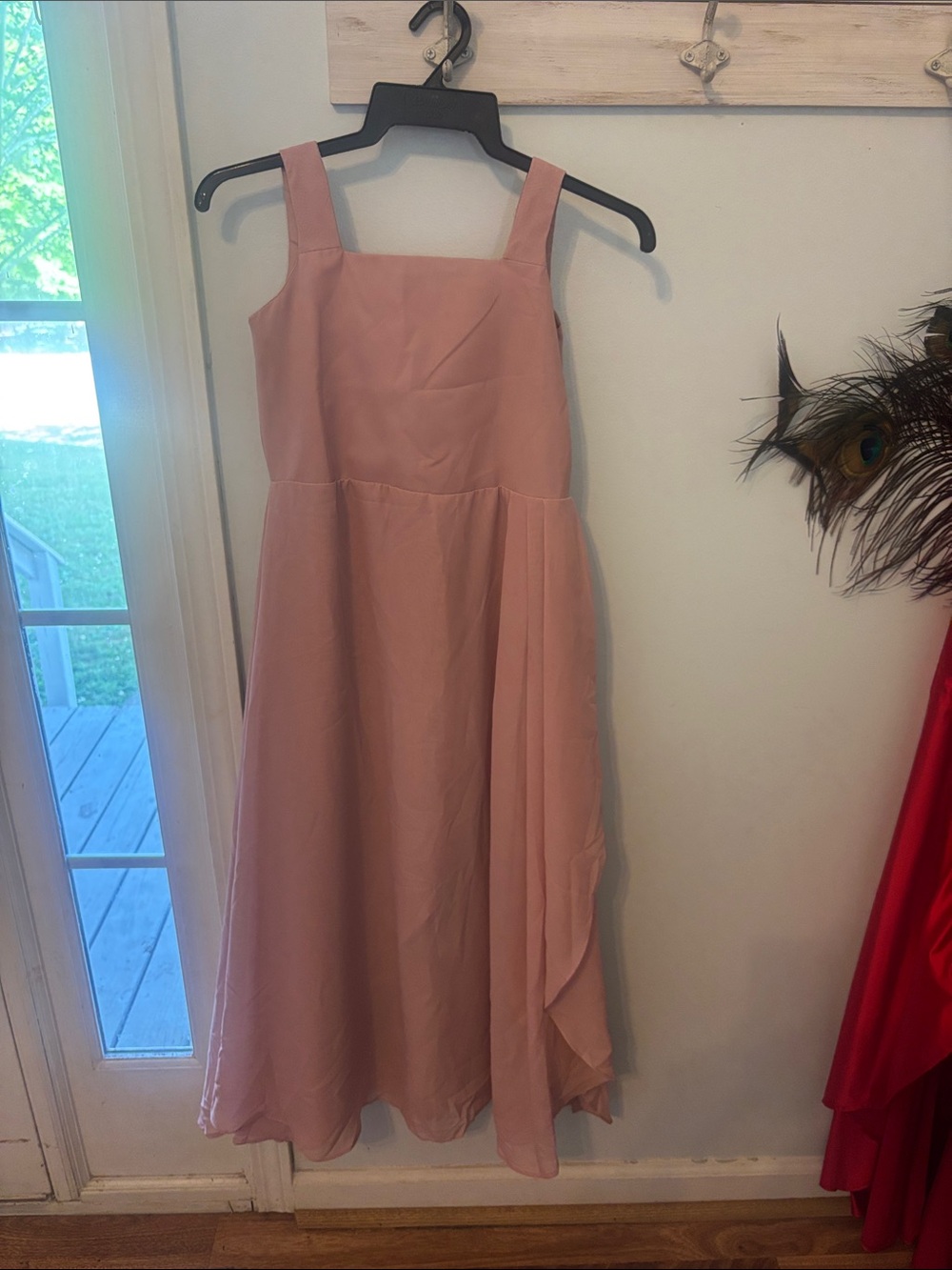 Girls' Dusty Pink Square-Neck Midi Dress